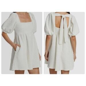 Free People White Textured Mini Babydoll Dress Sleeves Tie Back Puff Sleeves